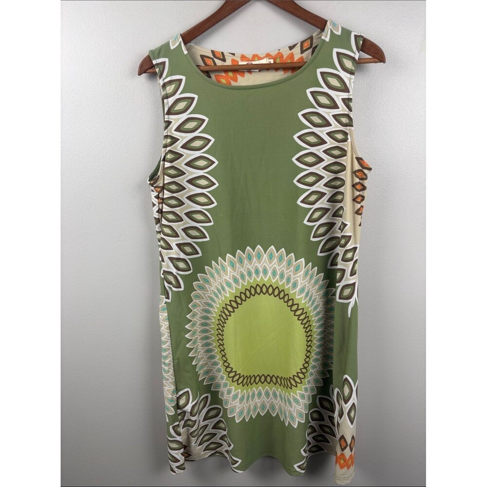Aryeh Olive and Cream Dress sleeveless medium Geometric medallion orange details